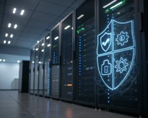 Interfaz cinematográfica de un firewall digital, ilustrada como una barrera semitransparente de código y símbolos brillantes, que protege una estructura estilizada de sitio web en un centro de datos oscuro con luces LED, transmitiendo protección y vigilancia.