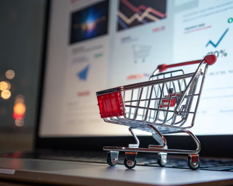Icono cinematográfico de carrito de compras digital metálico avanzando rápidamente a través de un fondo de página web borroso, iluminado por colores vividos y sombras nítidas, con una flecha sutil apuntando hacia arriba.