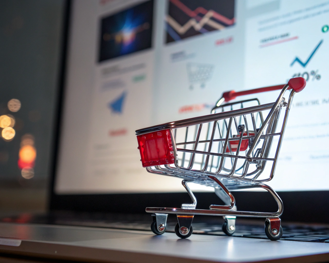 Icono cinematográfico de carrito de compras digital metálico avanzando rápidamente a través de un fondo de página web borroso, iluminado por colores vividos y sombras nítidas, con una flecha sutil apuntando hacia arriba.