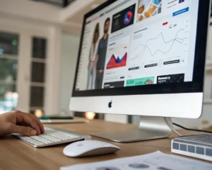 Espacio de trabajo moderno con una computadora mostrando imágenes de productos comprimidas para ecommerce. Al fondo se ven gráficos de optimización y medidores de velocidad web desenfocados, mientras una mano genérica usa el ratón, sugiriendo una tarea de optimización activa. El entorno es eficiente, colorido y sin personas identificables.