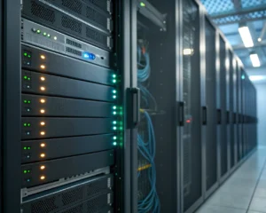 Rack de servidores moderno con luces indicadoras iluminadas, en un centro de datos bien iluminado, enfocado en primer plano y con fondo desenfocado, reflejando potencia y fiabilidad en alojamiento web de alto rendimiento.