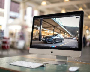 Primer plano de una pantalla de ordenador moderna mostrando un producto digital nítido, con indicador de archivo optimizado, fondo de tienda online desenfocado y colores vivos, iluminado suavemente y sin personas presentes.