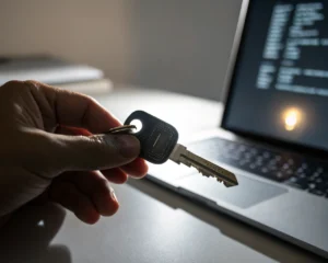 Mano anónima sostiene de cerca una llave de seguridad USB brillante con luz indicadora, enfocada contra un fondo borroso y minimalista de escritorio digital, transmitiendo confianza y seguridad.