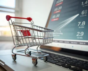 Carrito de compras metálico con efecto de velocidad y estelas digitales sobre un velocímetro, al frente de una interfaz digital de tienda online simplificada. Imagen muy cercana, cinemática y sin personas.