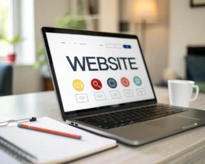 Interfaz minimalista de un sitio web con abundante espacio en blanco y botones de colores vivos, mostrada en la pantalla de una laptop o tableta sobre un fondo neutro y suavemente iluminado, sin presencia de personas.