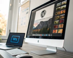 Primerísimo primer plano de una pantalla de computadora mostrando un icono digital optimizado sobre un fondo del panel de WordPress minimalista, con colores vivos y sombras pronunciadas, representando la optimización y eficiencia del sitio web.