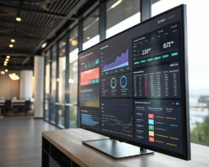 Tablero de mando digital moderno con datos sincronizados de múltiples ubicaciones empresariales y operaciones fiscales centralizadas, desplegado en una gran pantalla interactiva dentro de una oficina contemporánea. Se observan gráficos, listas de inventario y cuadros financieros resaltados con colores vivos y líneas limpias, con el fondo desenfocado y sin presencia de personas.