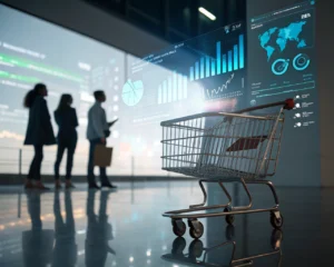 Carrito de compras metálico en primer plano rodeado de visualizaciones de datos brillantes, como gráficos y mapas de calor, en una interfaz moderna de e-commerce, con fondo desenfocado y siluetas humanas difusas.