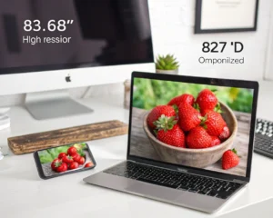 Primer plano extremo de una pantalla digital en la que una imagen de producto está siendo comprimida, mostrando la diferencia de tamaño entre el archivo original y la versión optimizada, sobre un fondo de oficina moderna y minimalista, colores vivos destacan el proceso de compresión, sin personas visibles.