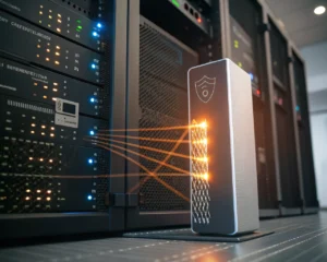 Firewall moderno como pieza central, bloqueando flujos de datos digitales resplandecientes y protegiendo un servidor web de amenazas cibernéticas caóticas al fondo, con textura metálica, luces indicadoras y símbolos de seguridad brillando en un ambiente de protección y vigilancia.