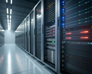 Bastidor de servidor web moderno con luces LED encendidas, rodeado de flujos de datos digitales borrosos en un centro de datos minimalista. En primer plano, paneles metálicos nítidos y detallados bajo luces y sombras contrastantes; fondo desenfocado, sin presencia de personas.