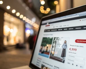 Interfaz moderna de un sitio web de ecommerce en la pantalla de una computadora, con un botón de llamada a la acción colorido y destacado en el centro. El fondo muestra borrosamente la versión móvil del sitio, con navegación clara, barra de búsqueda y fotos de productos nítidos. Una flecha ascendente simboliza crecimiento en conversiones y no aparecen personas.