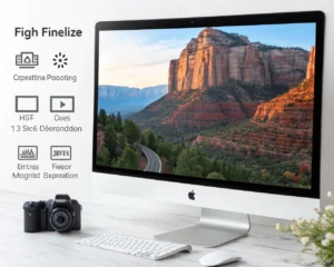 Fotografía en primer plano extremo de un producto de alta resolución siendo comprimido digitalmente: la imagen central muestra píxeles visibles y los indicadores del tamaño de archivo reduciéndose, rodeados por una interfaz translúcida de optimización y con iconos de velocidad y eficiencia en el fondo, sobre un espacio de trabajo digital limpio y minimalista.