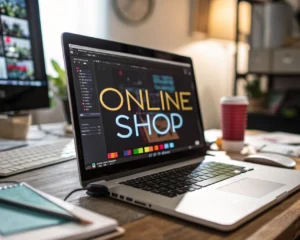 Interfaz de tienda en línea moderna en pantalla de computadora con un llamativo botón de llamada a la acción en el centro; fondo desenfocado de oficina que sugiere actividades digitales, colores vivos y diseño enfocado y minimalista sin personas.