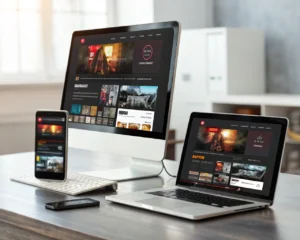Varios dispositivos genéricos—monitor de escritorio, tableta y smartphone—muestran una interfaz web moderna e interactiva con menús y contenido adaptados. Las pantallas brillan en colores vivos sobre un fondo minimalista y desenfocado, destacando botones animados y detalles como un cursor luminoso y una barra de progreso sutil. No hay personas, solo los dispositivos y la interfaz visible.