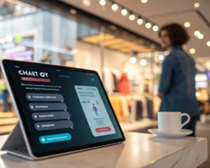 Interfaz de chatbot moderno e inteligente en la pantalla de un dispositivo, con burbujas de mensaje luminosas y botones claros, sobre un fondo desenfocado que sugiere un entorno de comercio electrónico. La imagen destaca la interacción intuitiva y la rapidez de respuesta del chatbot.