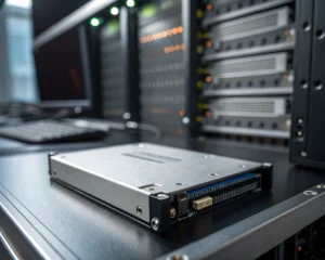 Primer plano extremo de un SSD de servidor de alta velocidad, con superficie metálica y componentes electrónicos claramente visibles, rodeado de destellos borrosos que representan flujos de datos y partes de un rack de servidores, iluminado con luz ambiental que evoca velocidad y tecnología.