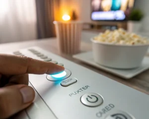 Botón de interfaz digital siendo presionado, mostrando una animación de onda y cambio de color sobre un fondo minimalista y desenfocado de colores suaves.