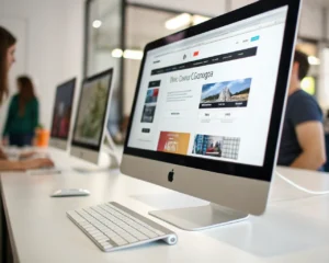 Computadora moderna sobre un escritorio limpio mostrando en pantalla un sitio web de e-commerce minimalista, con imágenes de productos nítidas y elementos de diseño sencillos. El fondo, ligeramente desenfocado, sugiere herramientas de optimización web. Colores vivos iluminan la escena y resaltan la profesionalidad tecnológica del entorno.