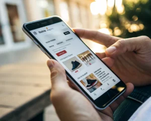 Primerísimo primer plano de una mano genérica sosteniendo un smartphone moderno con la pantalla mostrando una tienda online de diseño limpio, botones grandes fáciles de usar y fotografías de productos nítidas; el fondo está desenfocado evocando movilidad y luz natural realza los colores de la pantalla.