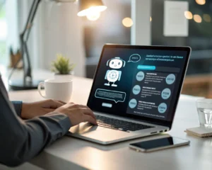 Primer plano de una interfaz de chatbot avanzada y brillante en la pantalla de un sitio web moderno, con burbujas de sugerencias y elementos de navegación intuitiva en un espacio de trabajo minimalista y desenfocado. Solo se ven iconos y siluetas digitales, sin personas reconocibles, transmitiendo facilidad de uso y tecnología avanzada.