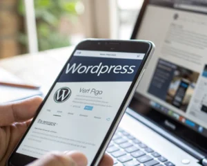 Primer plano de un smartphone moderno mostrando en su pantalla un sitio web WordPress optimizado para móviles, con texto legible, botones grandes y una señal de carga rápida. El fondo desenfocado revela un espacio de trabajo digital iluminado naturalmente. La imagen transmite eficiencia, accesibilidad y experiencia de usuario fluida.