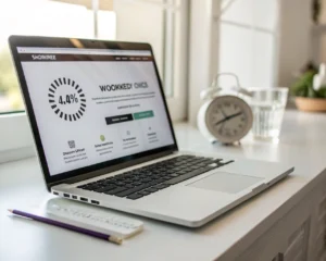 Laptop en un escritorio minimalista mostrando la tienda principal WooCommerce con una barra de progreso de carga veloz; luz suave, icono de reloj en el fondo y composición despejada que transmite eficiencia y acceso inmediato.