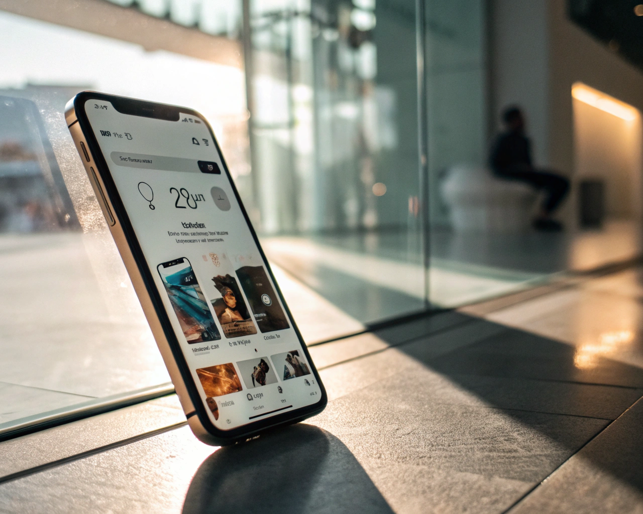 Teléfono inteligente moderno mostrando la pantalla de una tienda en línea con imágenes de productos nítidas y un icono de reloj que indica carga rápida; el dispositivo predomina en la imagen con sombras definidas y un fondo digital desenfocado. La imagen transmite velocidad y elegancia, manteniéndose limpia y sin distracciones.