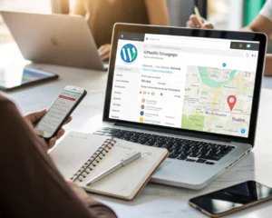Primer plano de una pantalla de computadora mostrando el panel de WordPress con plugins SEO local activos, rodeada de cuadernos y un smartphone con una ubicación en Google Maps visible. El fondo es un espacio de oficina moderno y desenfocado, destacando los detalles digitales de la interfaz web y los elementos de optimización en línea.
