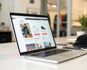Laptop moderna con acabado brillante mostrando una página web de e-commerce cargando rápidamente, con imágenes de productos nítidas y diseño minimalista; al fondo, un espacio de trabajo desenfocado. La composición usa colores vivos y destaca la eficiencia y velocidad de la carga, sin personas identificables.