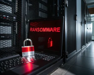 Primerísimo plano de un rack de servidores bloqueado con candado digital y un mensaje rojo de advertencia de ransomware en la pantalla, dentro de un centro de datos con iluminación tenue y sombras definidas.