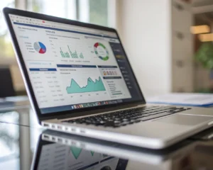 Primerísimo primer plano de un portátil moderno con la pantalla mostrando un panel de control de ecommerce rico en gráficos y análisis SEO, en un entorno digital desenfocado, iluminado por una luz suave.