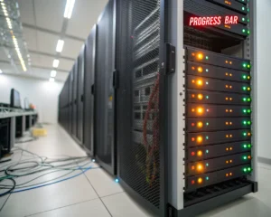Rack de servidores metálico con luces LED encendidas en un centro de datos moderno y minimalista; paneles ventilados y detalles nítidos en el primer plano; cables y sistemas de refrigeración desenfocados en el fondo; barra de progreso estilizada en una esquina simbolizando velocidad de carga web.
