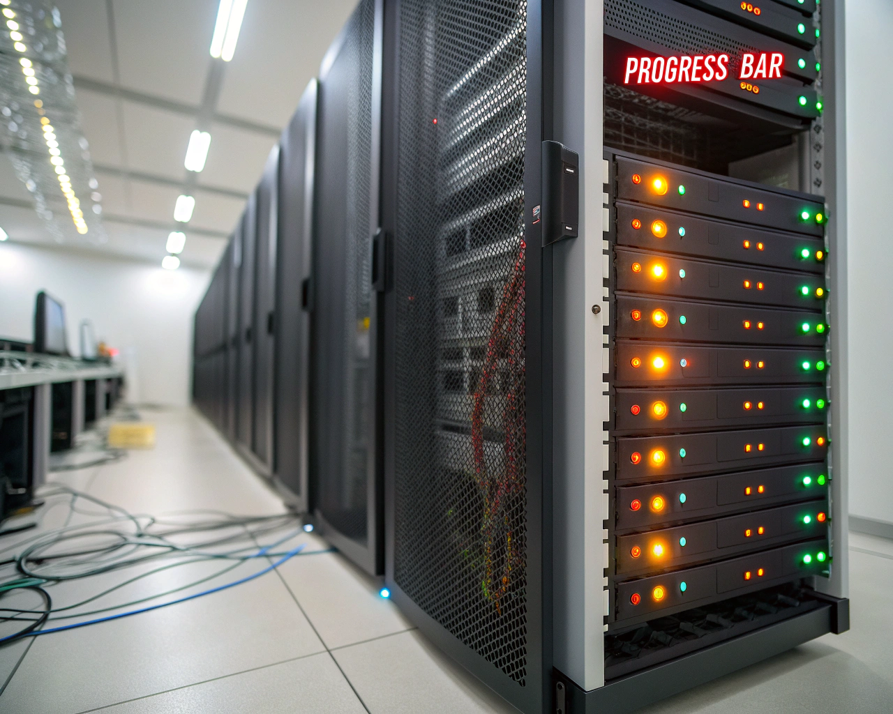 Rack de servidores metálico con luces LED encendidas en un centro de datos moderno y minimalista; paneles ventilados y detalles nítidos en el primer plano; cables y sistemas de refrigeración desenfocados en el fondo; barra de progreso estilizada en una esquina simbolizando velocidad de carga web.