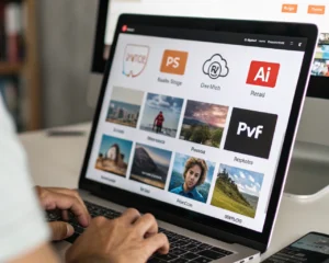 Pantalla de computadora mostrando imágenes optimizadas de productos de ecommerce en formatos WebP y AVIF, en un entorno de oficina moderno y despejado, con iconos de automatización y nube en el fondo desenfocado. El primer plano destaca la nitidez y textura de las imágenes comprimidas, simbolizando eficiencia y tecnología avanzada.