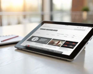 Dispositivo digital sobre una superficie neutra mostrando una interfaz web minimalista y elegante, con botones de acción destacados y navegación intuitiva. El dispositivo está iluminado con un resplandor suave y el fondo está desenfocado para resaltar los detalles nítidos de la pantalla.