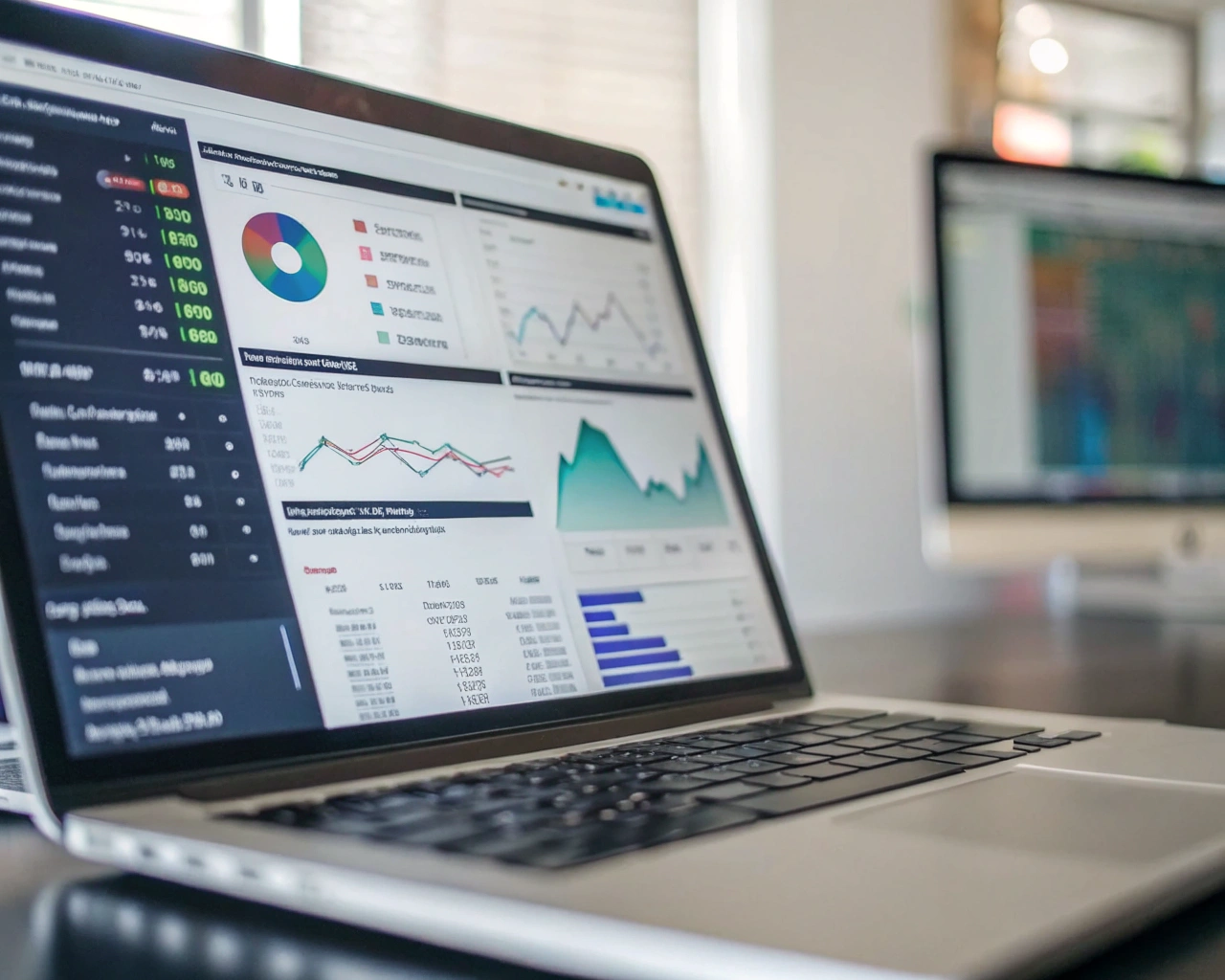 Laptop moderna en primer plano mostrando un panel de auditoría SEO con gráficos coloridos, mapas del sitio y reportes detallados, ubicada en un escritorio minimalista y fondo difuminado con monitores y reflejos de código. Sin personas, solo tecnología.
