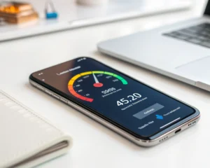 Smartphone moderno sobre un escritorio ordenado mostrando una pantalla de sitio web en carga con un gran icono de velocímetro de alta velocidad. El fondo está desenfocado y se aprecian pocos accesorios tecnológicos. La imagen transmite rapidez y eficiencia.