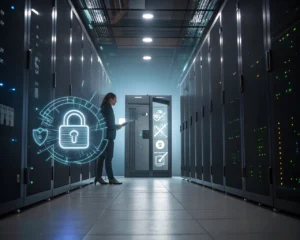 Bóveda digital metálica con símbolo de encriptación luminoso, rodeada de iconos holográficos de transacciones y datos, en una sala de servidores moderna y segura, fondo desenfocado.