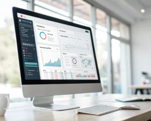 Primer plano de un monitor elegante mostrando un tablero digital de sitio web impulsado por IA, con gráficos, wireframes y análisis de usuarios en tiempo real, resaltado por detalles brillantes en la pantalla y un sutil patrón de circuito. El entorno es un escritorio moderno desenfocado con iluminación suave.