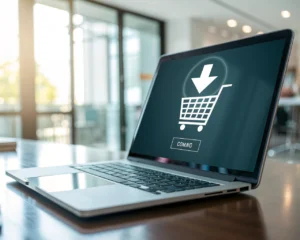 Primer plano extremo del icono de descarga digital en la pantalla de un portátil moderno, con fondo desenfocado de escritorio minimalista y teclas brillantes, representando la venta de productos digitales online.