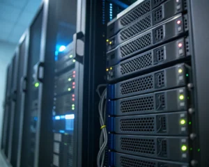 Rack de servidor web con SSD de alto rendimiento iluminado por LED azules, reflejos metálicos y detalles técnicos, fondo desenfocado con código binario y cables de red, ambiente tecnológico y fiable sin presencia de personas.