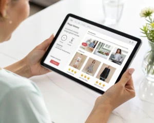 Primer plano fotorrealista de una tableta sostenida por las manos de un comprador en línea genérico, mostrando una interfaz de recomendaciones de productos personalizadas por inteligencia artificial, con imágenes destacadas y elementos digitales sobre un fondo minimalista y desenfocado de comercio electrónico.