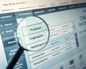 Menú de navegación web estilizado para tienda en línea con categorías y subcategorías organizadas en botones interconectados sobre un fondo digital moderno y difuminado, con una lupa superpuesta sugiriendo exploración. Imagen limpia, clara y sin personas.
