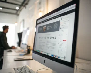 Pantalla de computadora en un escritorio minimalista mostrando un sitio web con botones de navegación grandes y de alto contraste, texto claro y visible, y un pequeño icono de accesibilidad en una esquina. El fondo está desenfocado y la iluminación es suave, creando un ambiente moderno y acogedor.