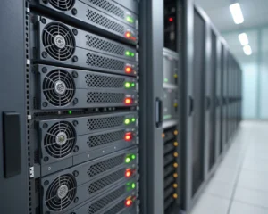 Primer plano de un rack de servidor web de alto rendimiento con ventiladores y luces encendidas en un pasillo de centro de datos moderno, destacando texturas metálicas y cables ordenados en un entorno eficiente y fiable.