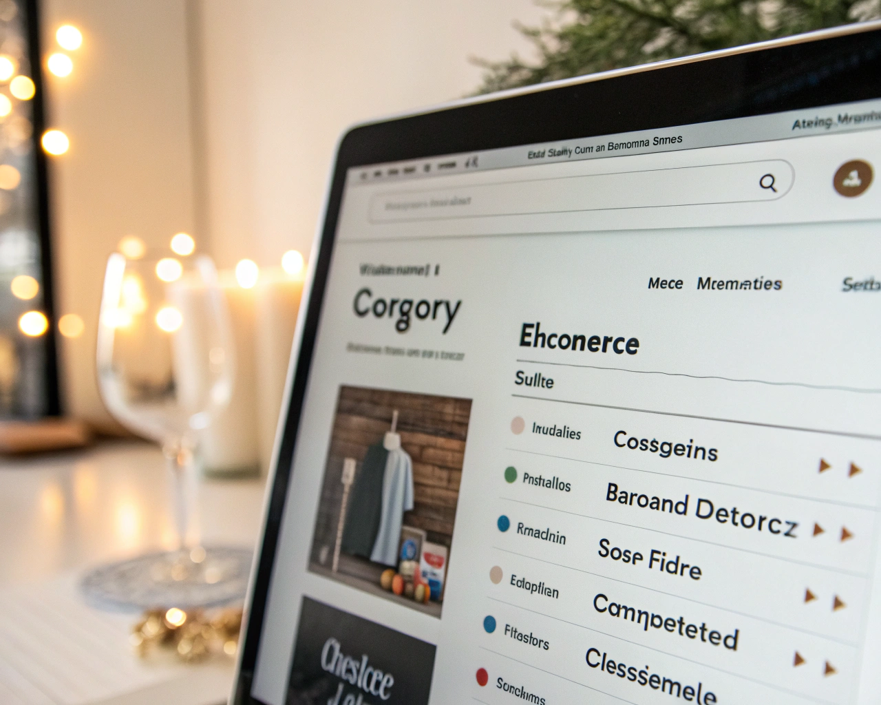 Menú de navegación de un sitio ecommerce en primer plano con etiquetas de categorías legibles, botones desplegables definidos y un pequeño ícono de lupa para buscar, todo sobre un fondo digital minimalista y bien iluminado con efecto de resplandor suave.