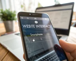 Primer plano de un smartphone moderno con una interfaz web móvil simple y accesible en la pantalla, con botones grandes y texto legible. El fondo desenfocado muestra un escritorio minimalista con las siluetas de una laptop y una tableta, simbolizando compatibilidad entre dispositivos. El entorno está iluminado suavemente con luz natural.