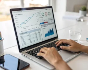 Primer plano extremo de un portátil moderno sobre un escritorio minimalista, mostrando en pantalla un dashboard de ecommerce con gráficos analíticos y métricas SEO, acompañado de una flecha de crecimiento en la interfaz digital. Las sombras son definidas y los colores vivos, transmitiendo análisis y progreso en un ambiente organizado.