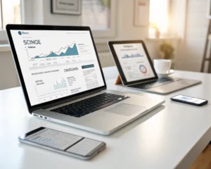 Primer plano de un escritorio minimalista con un portátil, una tableta y un teléfono mostrando un sitio web responsivo, cada uno adaptado a sus pantallas. Los dispositivos destacan menús claros y tipografía legible, y uno exhibe un ícono de gráfico ascendente representando mejora en SEO. Sin personas ni detalles personales, el enfoque está en la tecnología y el diseño web.